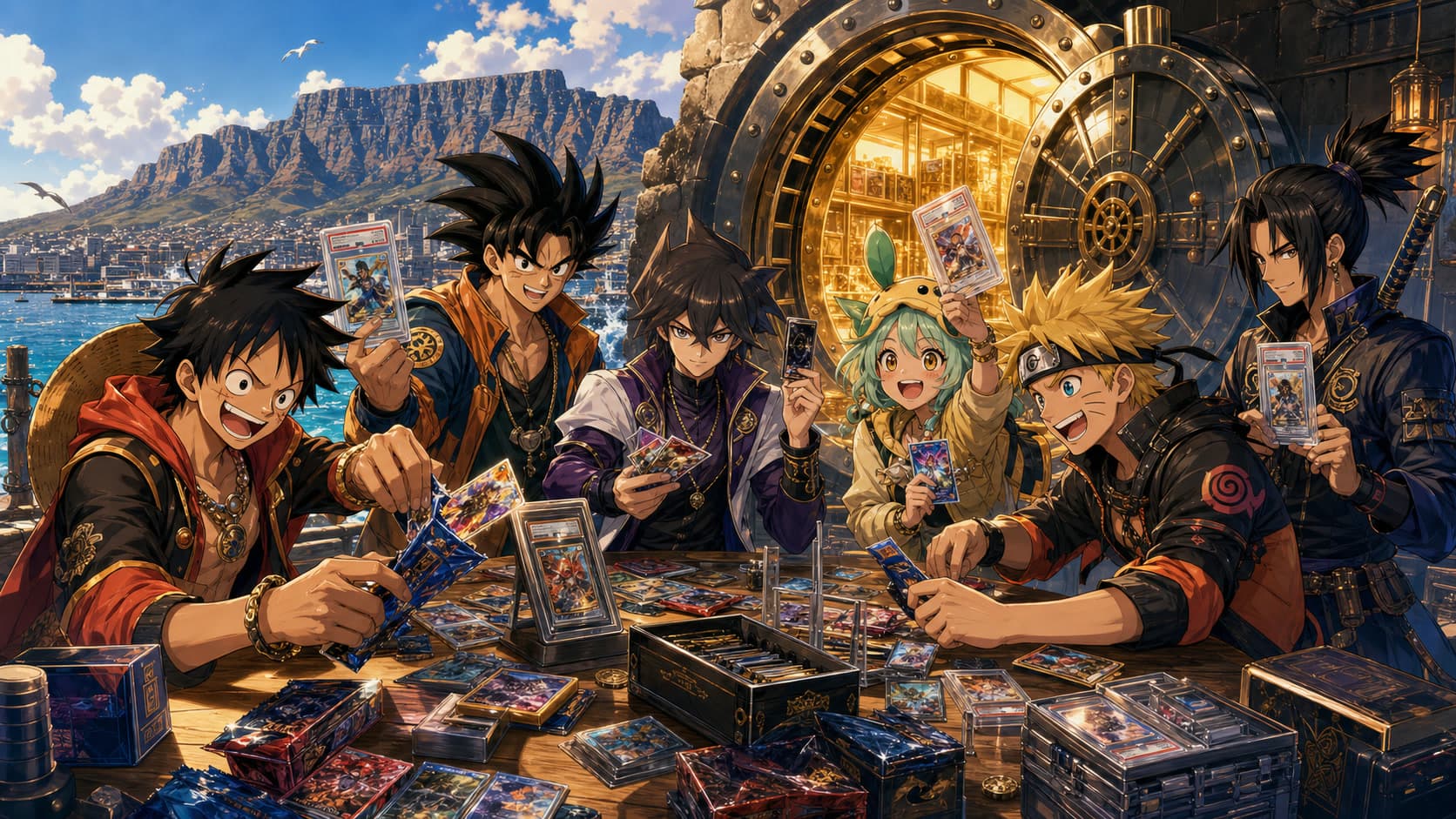 Anime collector crew ripping packs and holding graded slabs at the Vault Room harbor