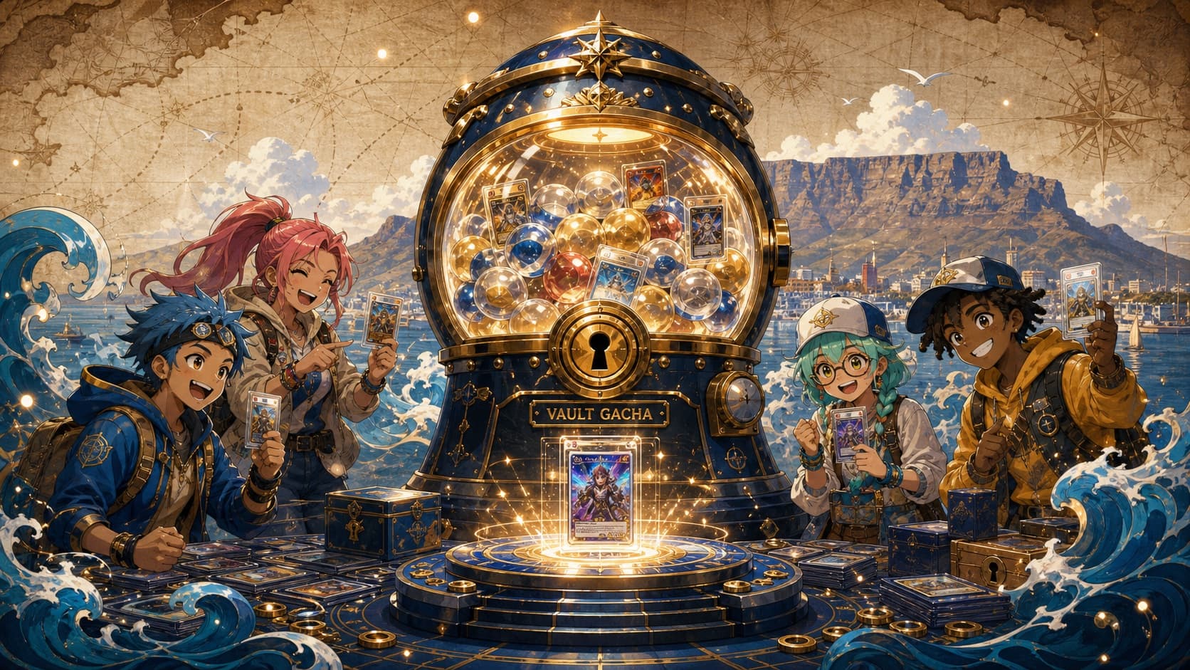 Vault Gacha anime collectors ripping packs around a vault machine
