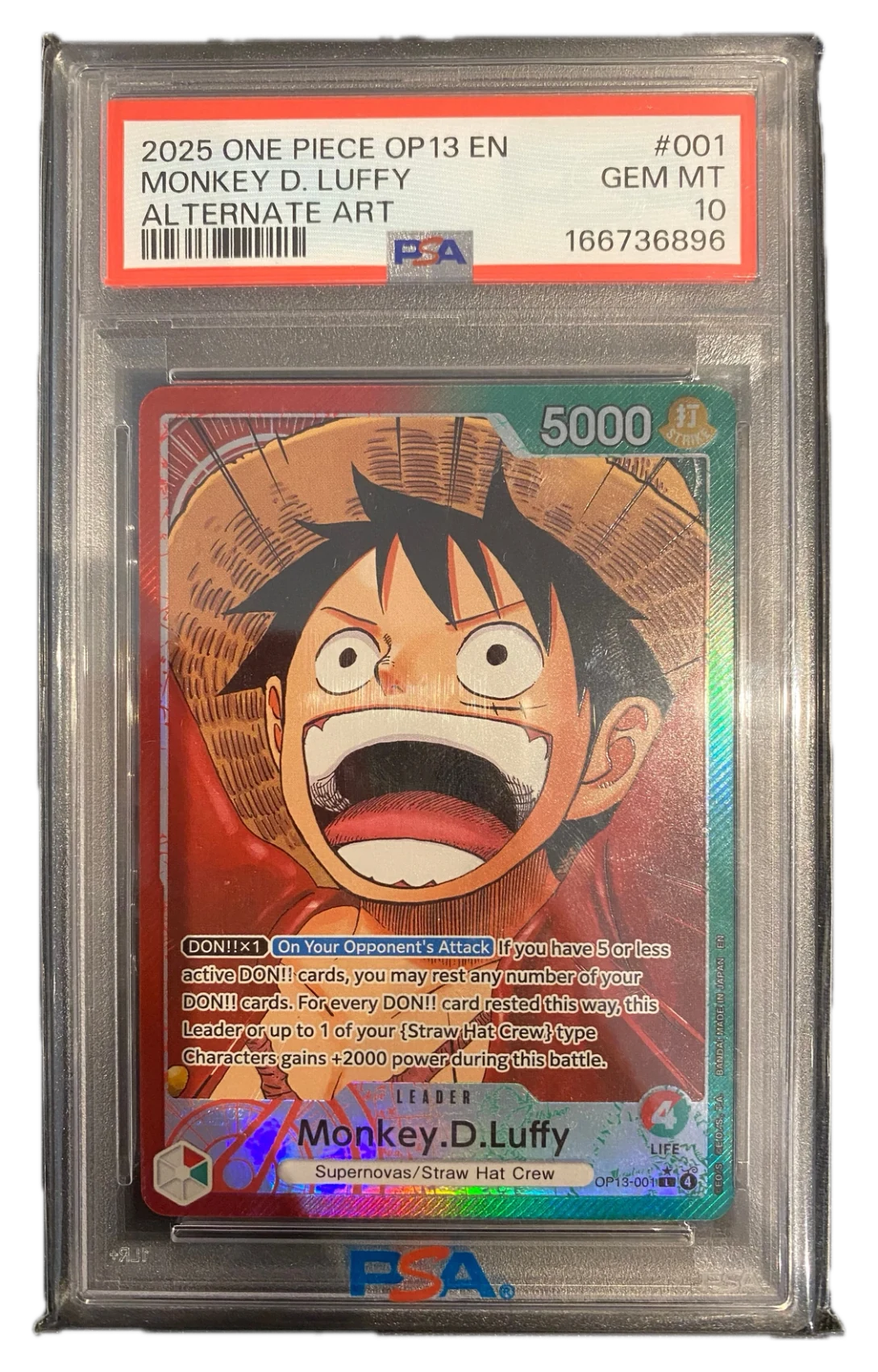 Monkey.D.Luffy OP13-001 Alternate Art Leader - PSA 10 (English) - Carrying On His Will (OP13) - Alternate Art - graded slab